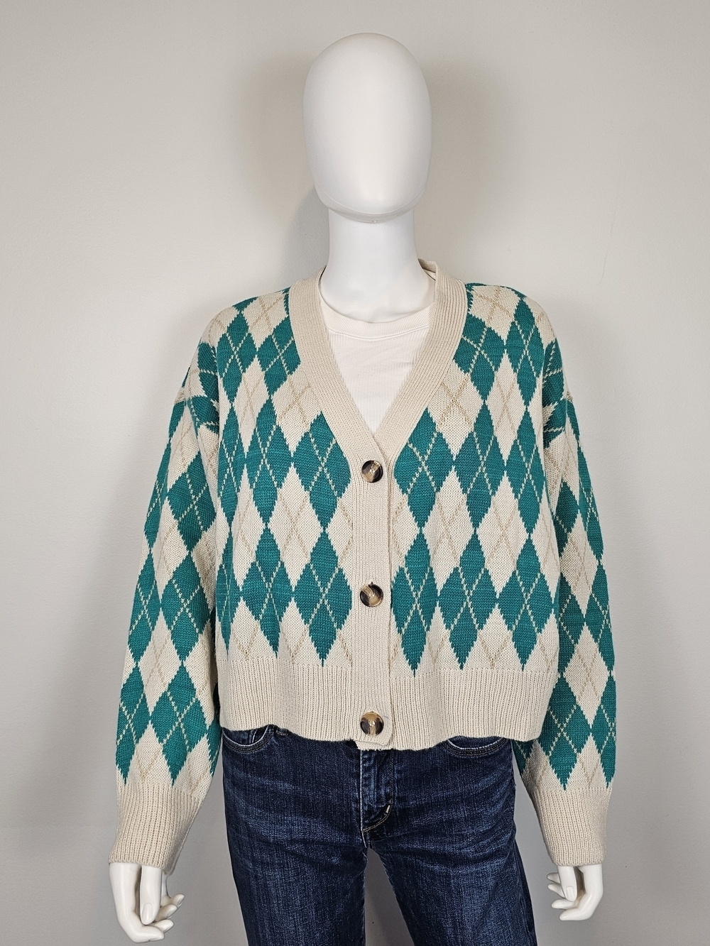 Design Lab Lord & Taylor Cream and Teal Argyle V-Neck Button Cardigan Sz XL